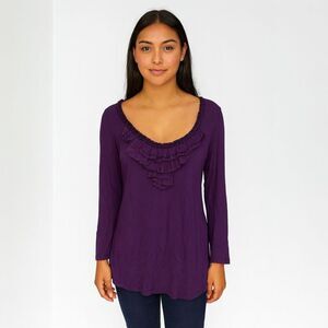Forever Fashion Petite Solid Purple Round Neck Ruffle quarter Sleeve Spandex PXL